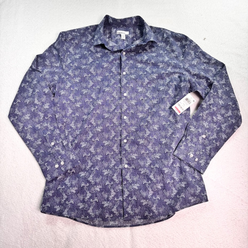 Bar III Mens Large Floral Button Up Shirt Blue White Slim Fit Stretch NWT